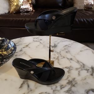 BCBG wedge sandals patent leather black  & silver size 9